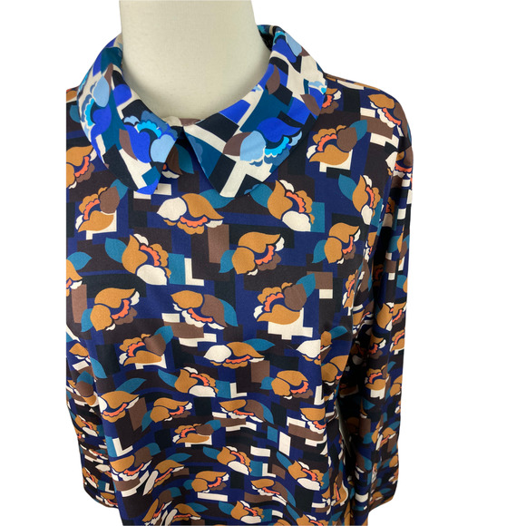 Eloquii NEW 14 Blue Black Geometric Floral Collared Tie Blouse - Picture 2 of 4